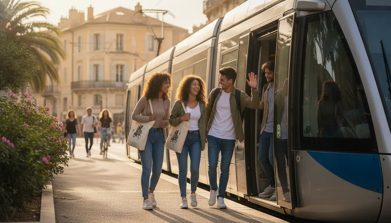 Étudiants montant dans un tramway moderne à Montpellier au petit matin