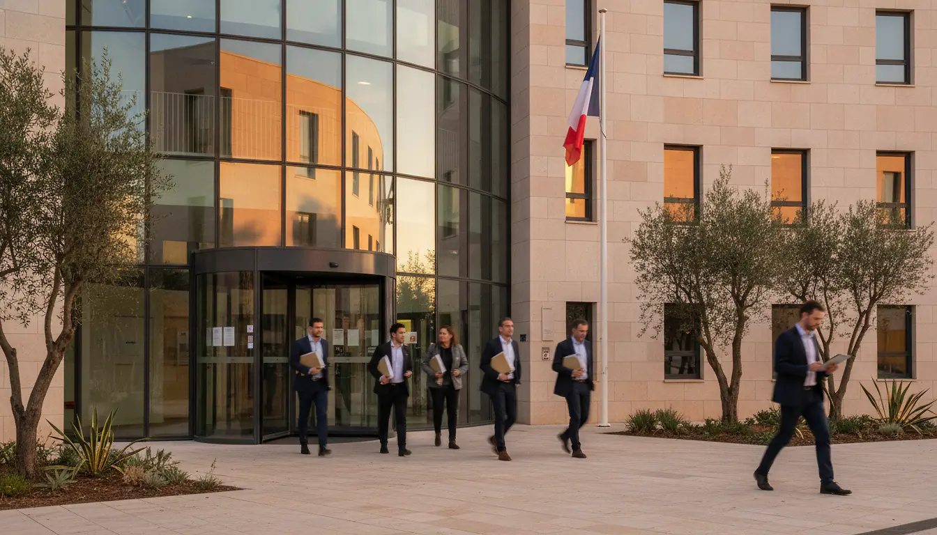 Façade vitrée d'un bâtiment administratif moderne à Montpellier avec drapeau français et personnes se rendant à l'accueil