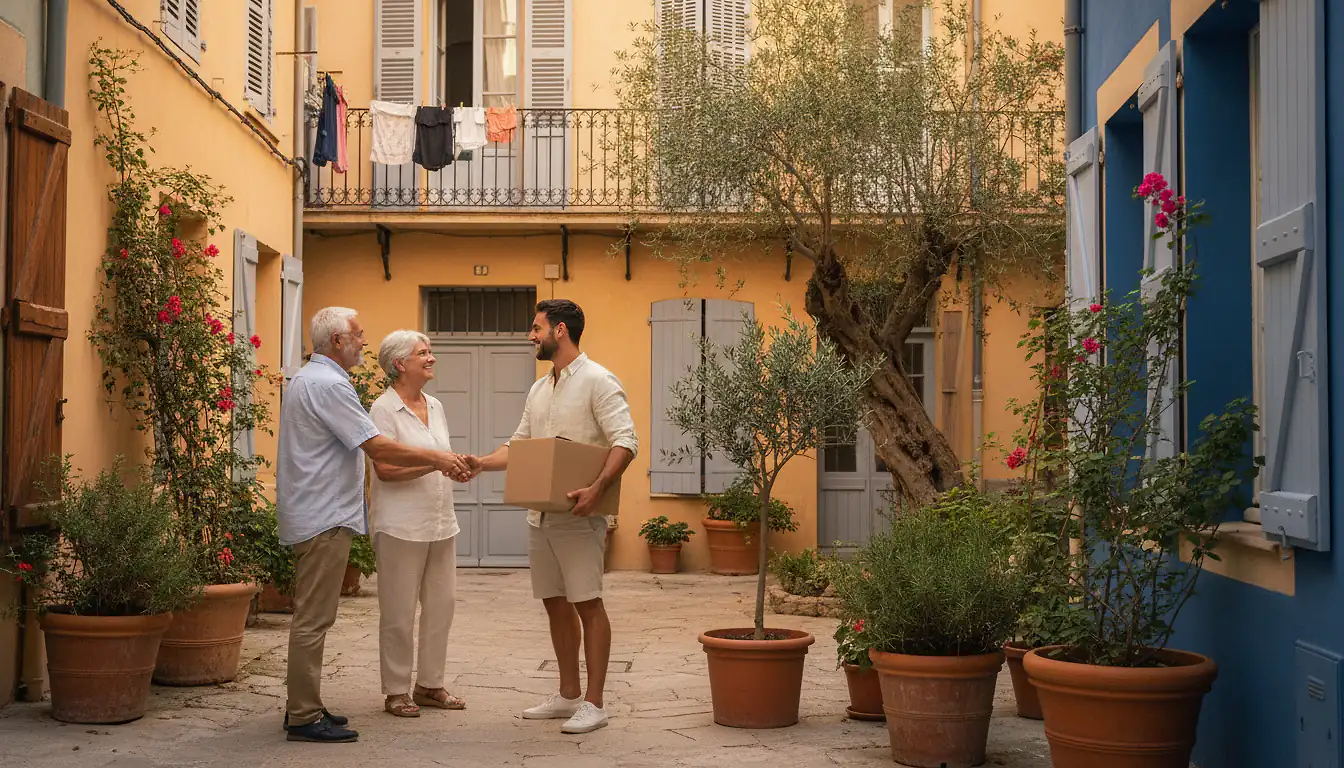 Nouveaux arrivants rencontrant leurs voisins dans une cour d'immeuble ensoleillée à Montpellier