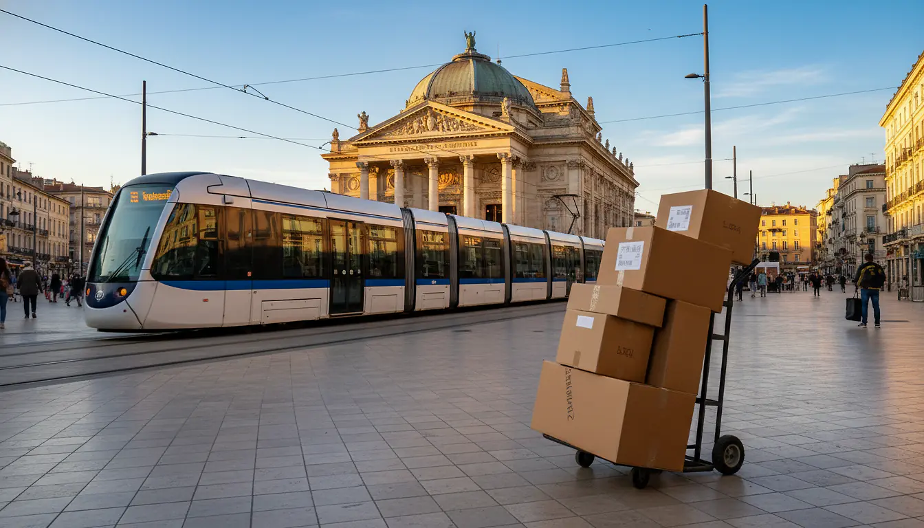 Tramway de Montpellier devant la Place de la Comédie avec cartons de déménagement au premier plan, lumière dorée méditerranéenne