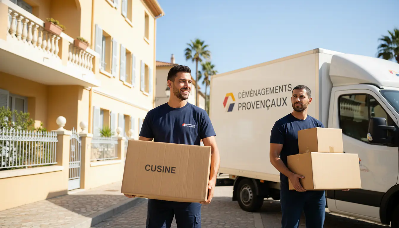 Deux déménageurs portant des cartons devant un camion blanc, immeuble méditerranéen en arrière-plan