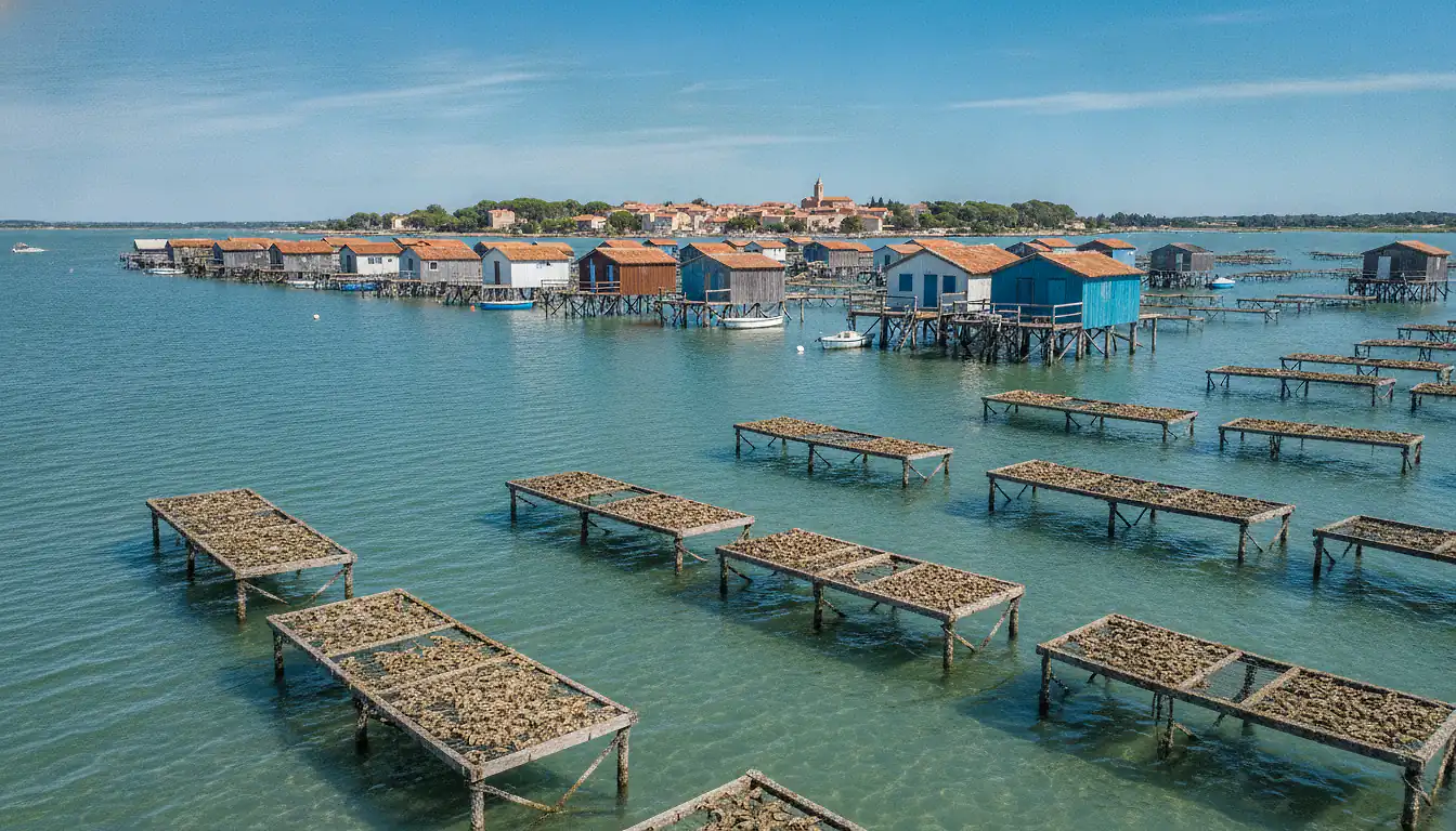 Cabanes ostréicoles au bord de l'étang de Thau avec tables immergées dans l'eau bleue et village de Bouzigues