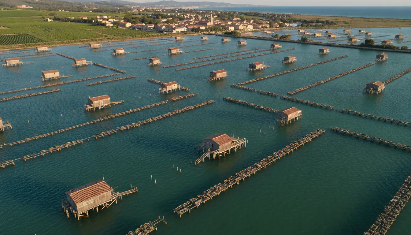 Vue aérienne de l'étang de Thau et des parcs ostréicoles de Marseillan, eaux turquoise et lumière dorée en fin de journée