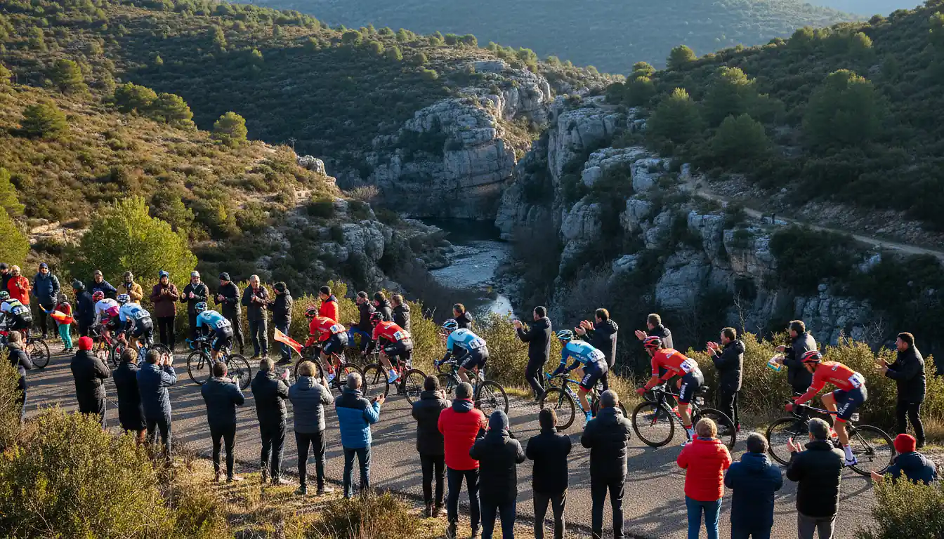 Peloton cycliste de l'Étoile de Bessèges dans les gorges cévenoles du Gard