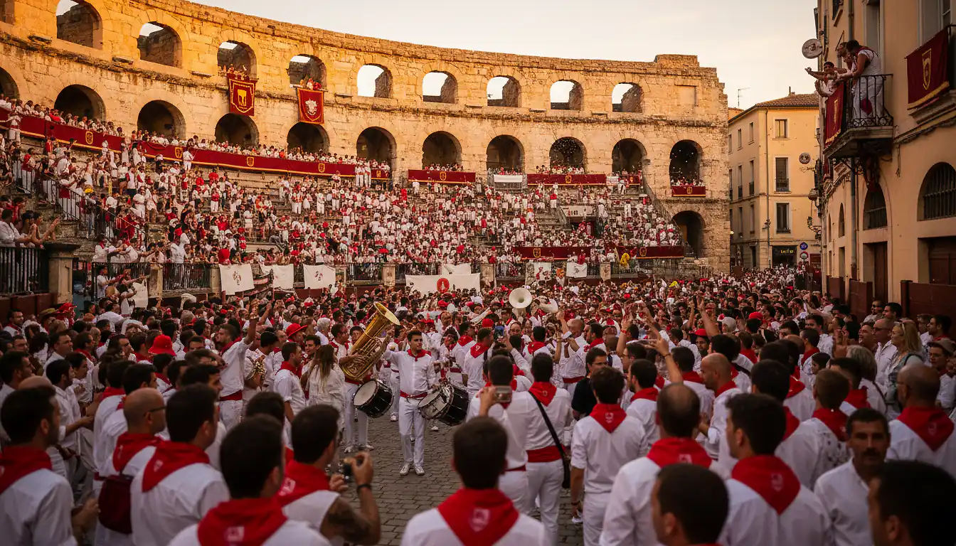 Arènes romaines de Nîmes pendant la Féria, bandas et foule festive en tenue traditionnelle
