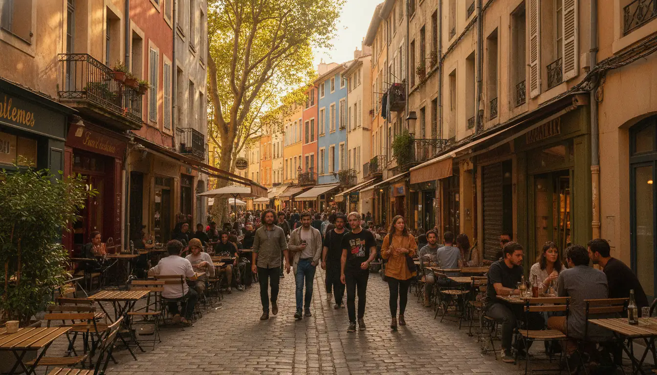 Vue de rue animée du quartier Figuerolles à Montpellier, immeubles anciens colorés et commerces de proximité