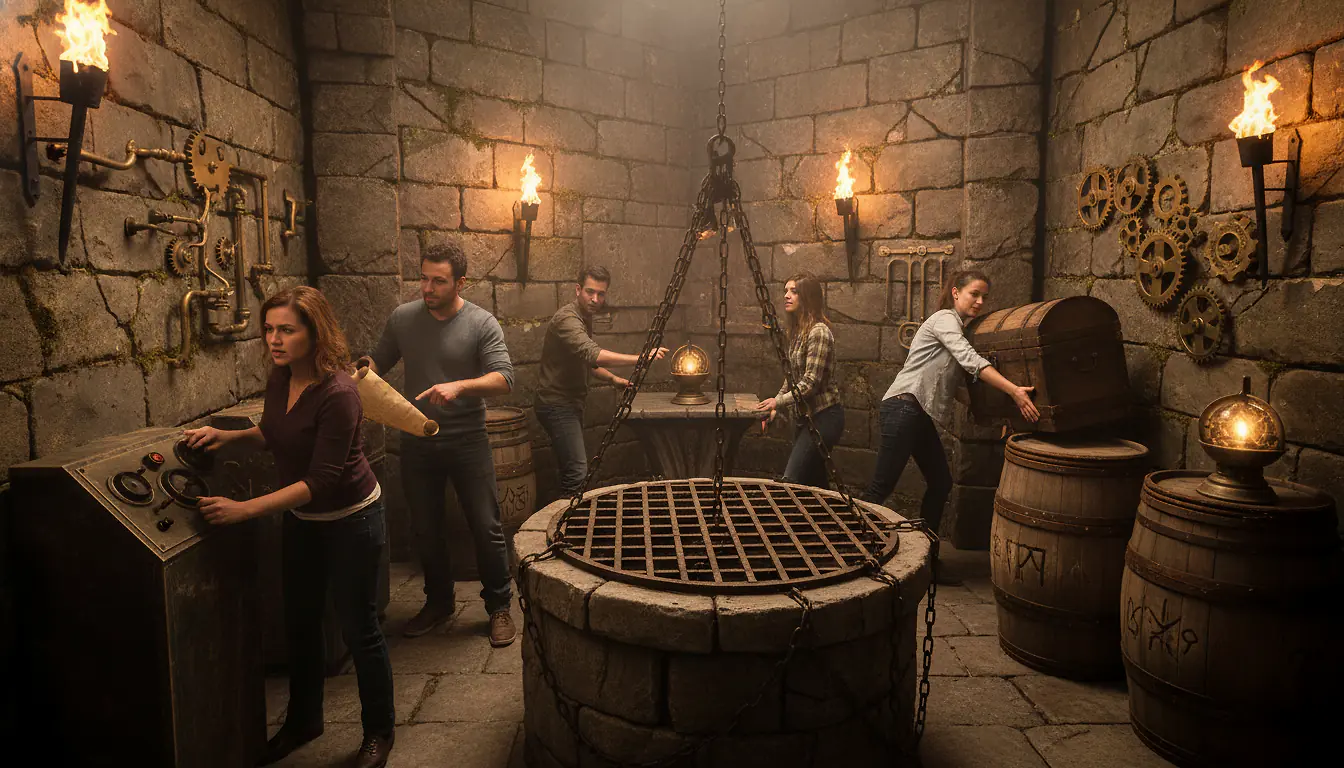 Groupe de participants lors d'une session d'escape game Fort Boyard Aventure, salle immersive avec décor de fort et lumières dramatiques