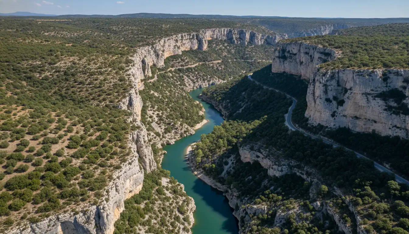 Gorges de l'Hérault, eau turquoise entre falaises calcaires blanches, paysage cévenol depuis les hauteurs