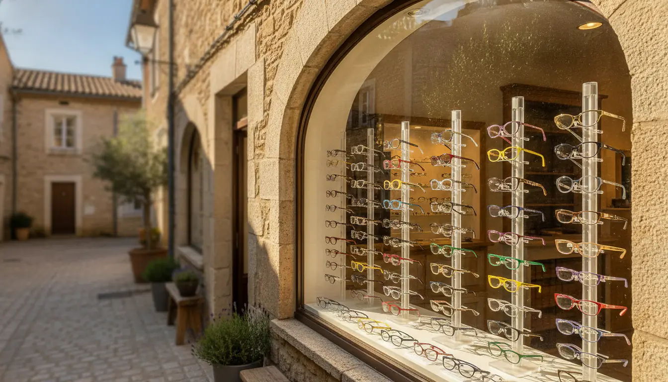 Opticien en centre-ville de Ganges, vitrine de lunetterie avec montures, bourg cévenol ensoleillé