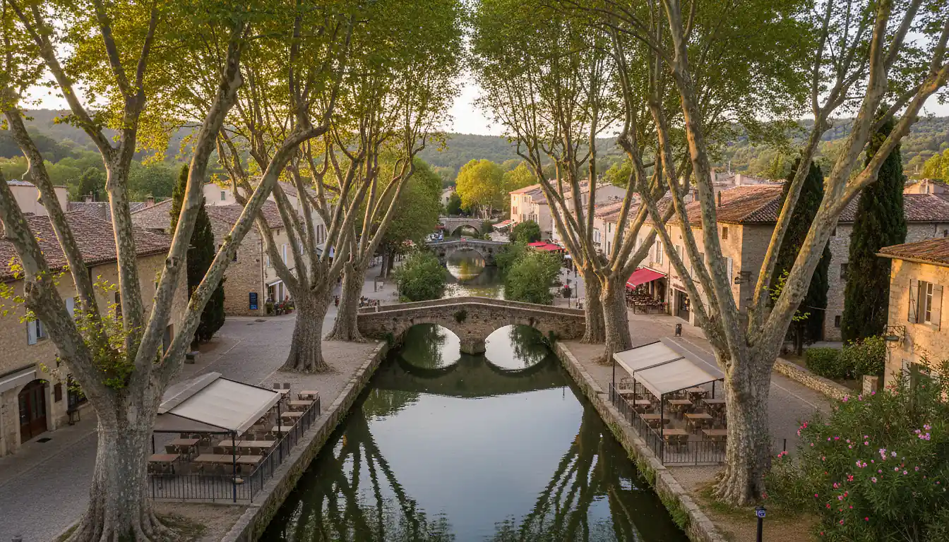 Canal de Goudargues bordé de platanes centenaires et terrasses de café, petite Venise du Gard