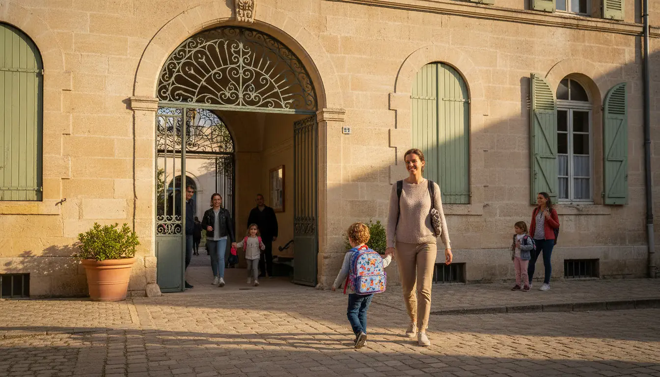Parent et enfant devant l'entrée d'une école à Montpellier un matin de rentrée