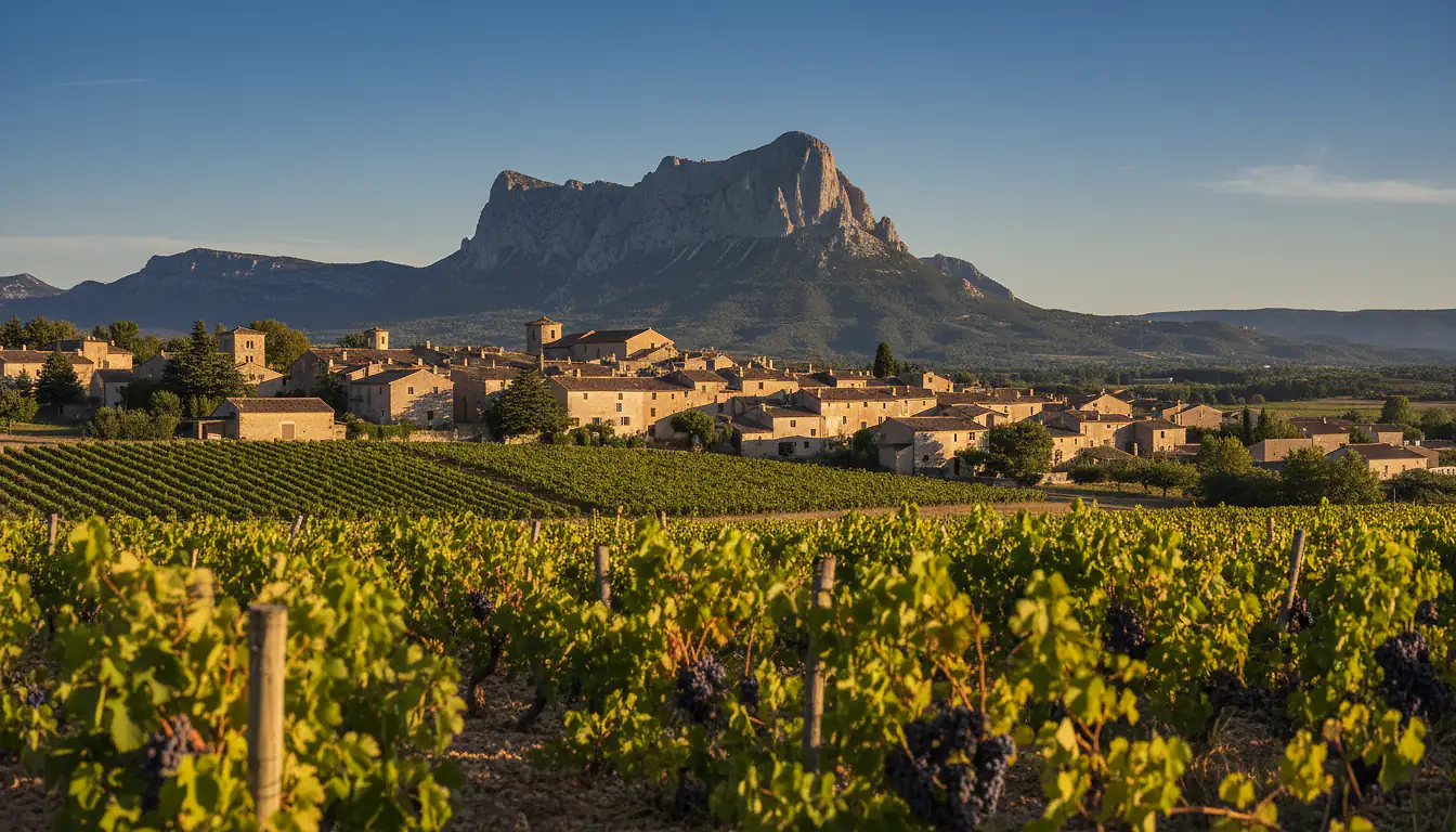 Village du Triadou au pied du Pic Saint-Loup, vignes et mas en pierre calcaire en Hérault