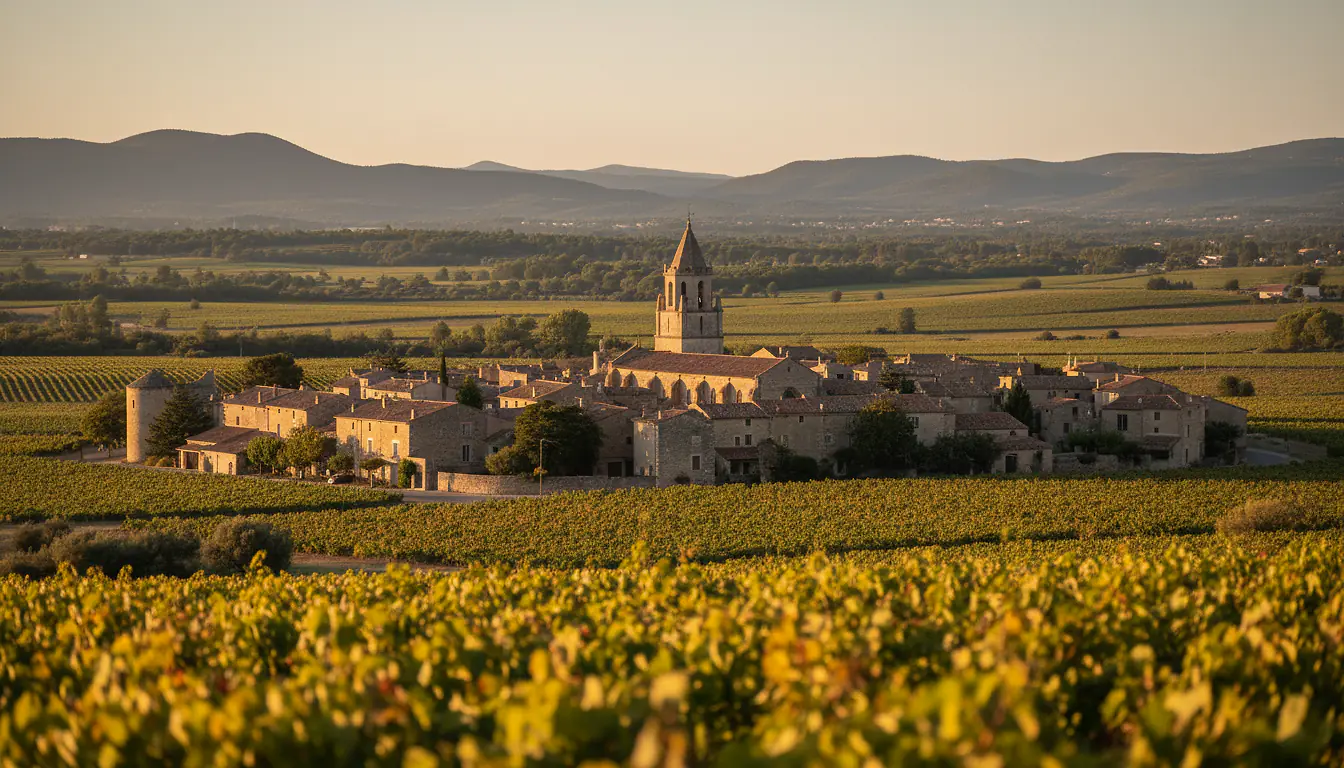 Village médiéval de Lézignan-Corbières entouré de vignobles des Corbières, lumière dorée méditerranéenne