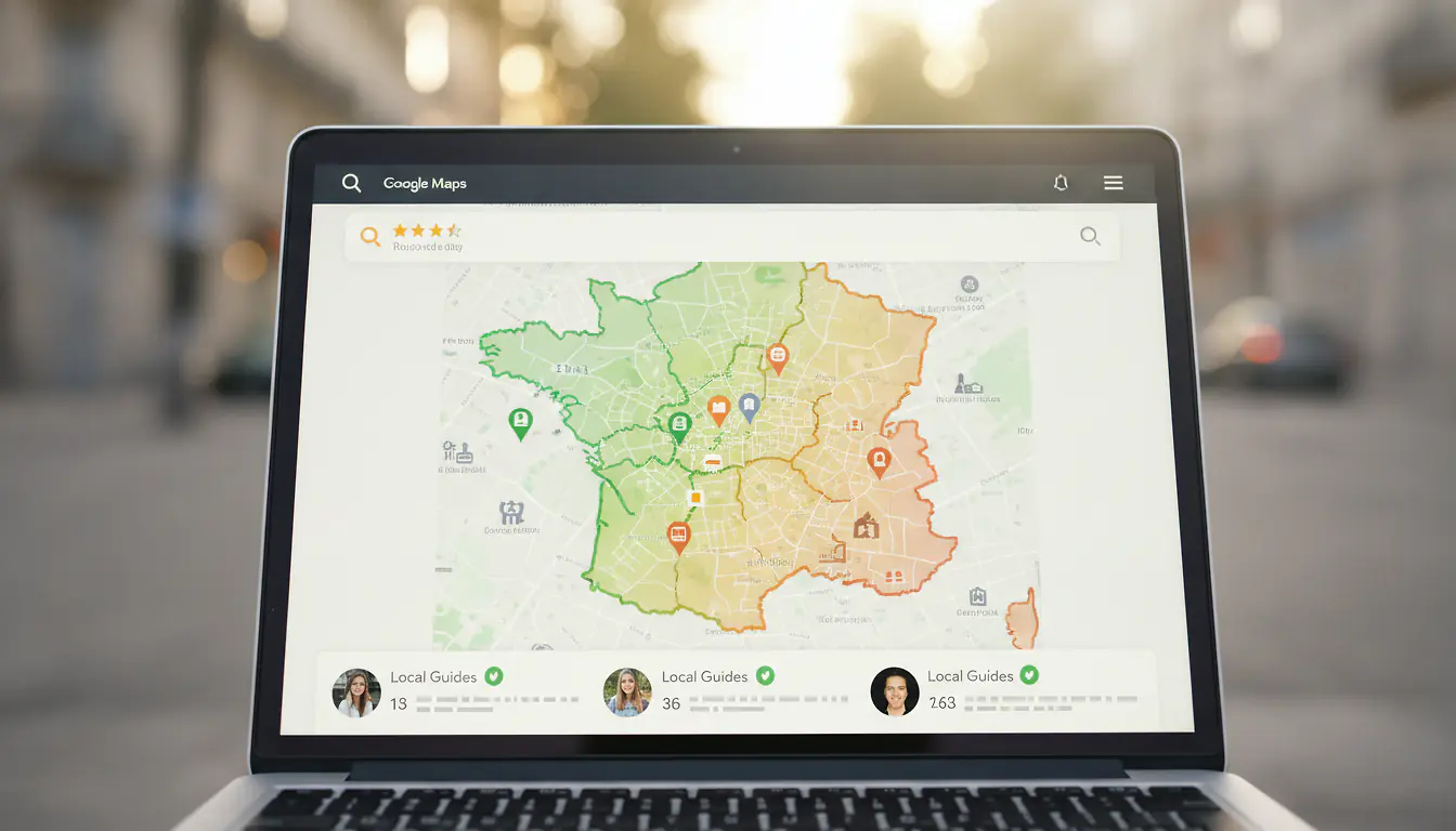 Carte Google Maps avec marqueurs d'avis Local Guides sur les quartiers de Montpellier