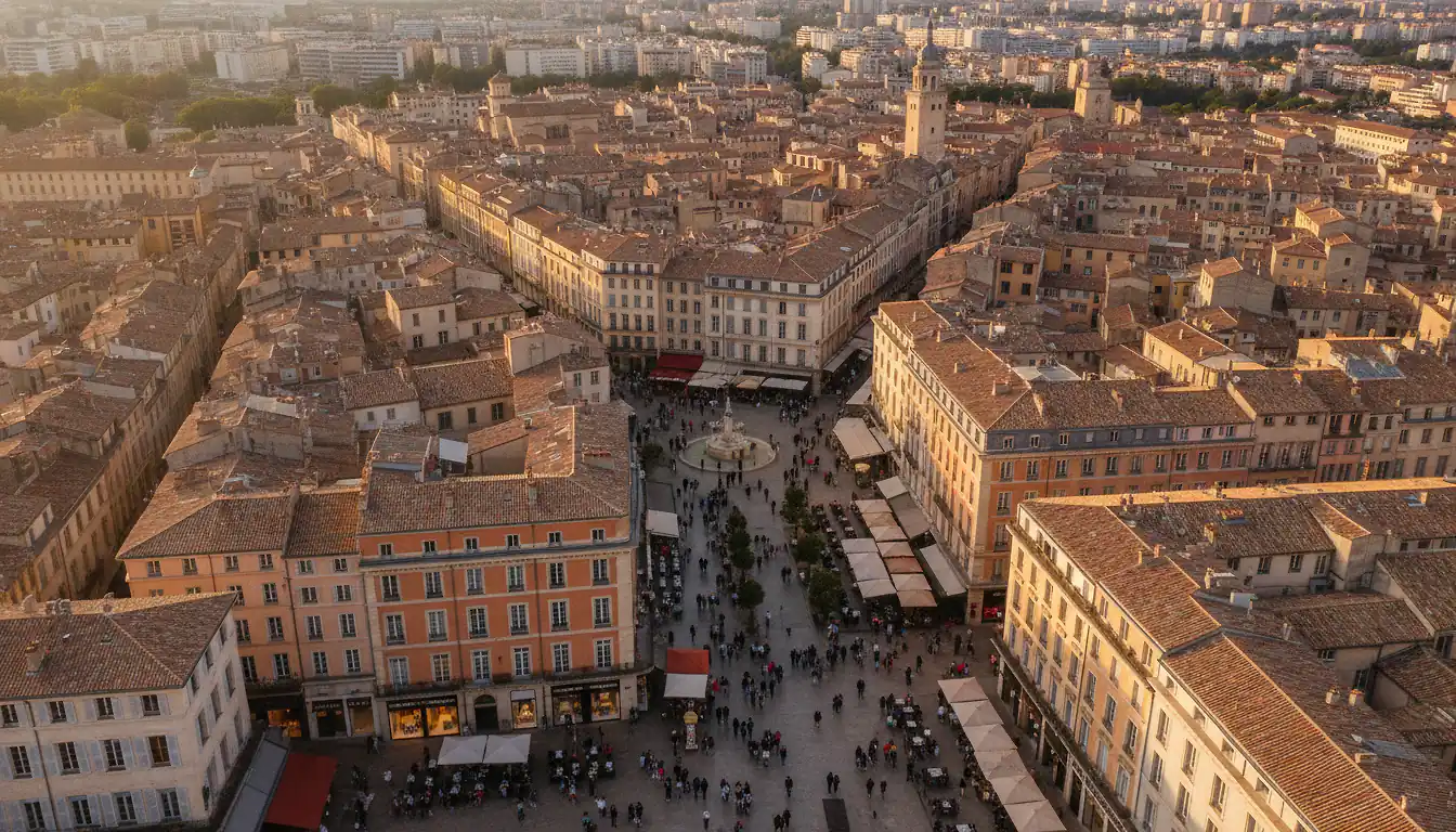 Vue aérienne du centre historique de Montpellier avec ses rues piétonnes commerçantes