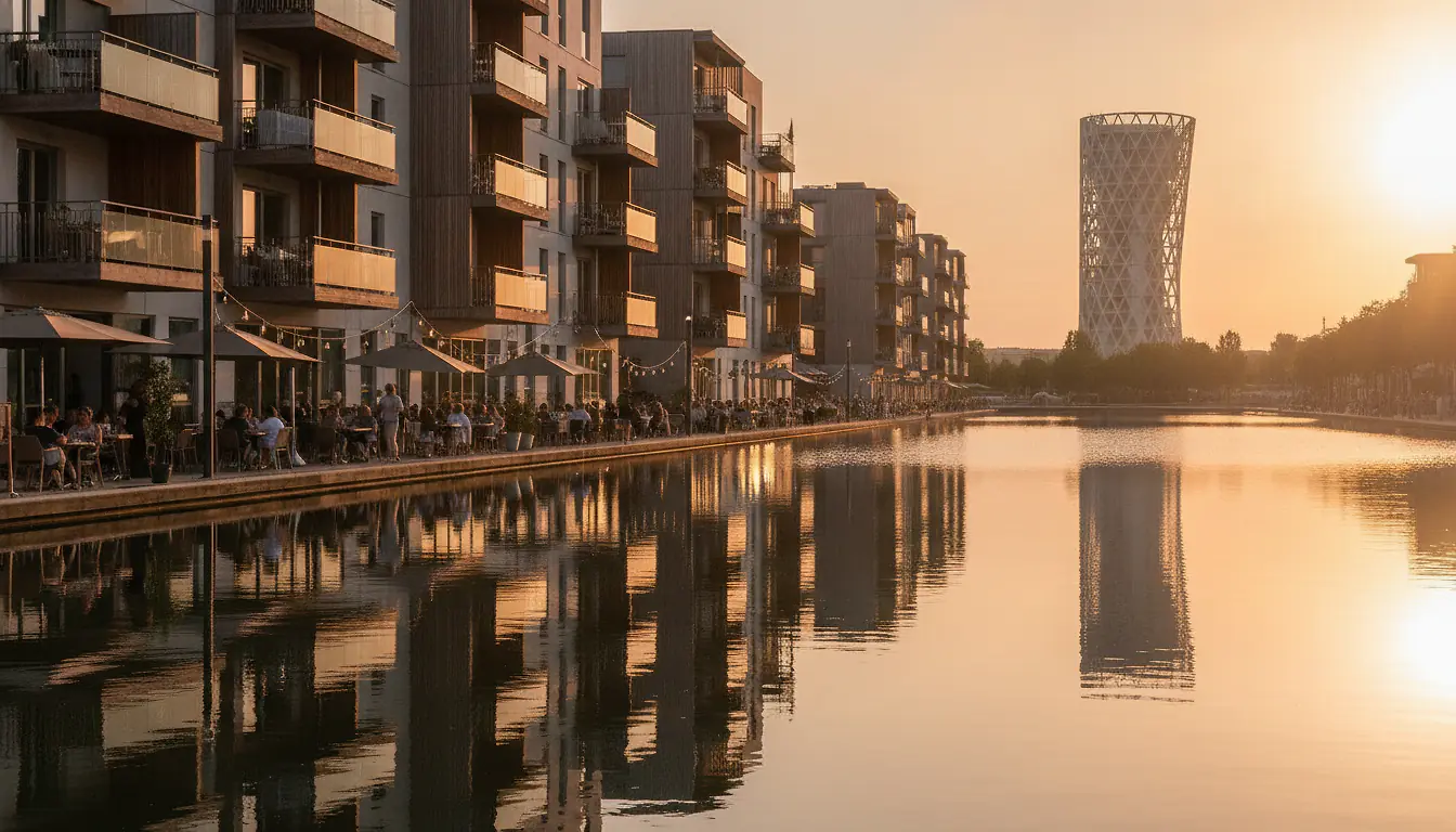 Terrasses animées au coucher du soleil le long du Bassin Jacques-Coeur à Port Marianne, Montpellier, avec l'Arbre Blanc en arrière-plan