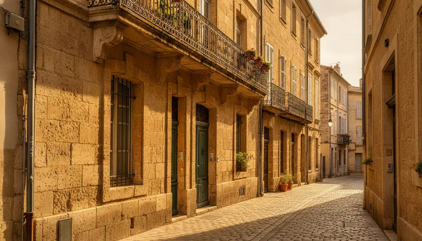 Façade d'immeubles résidentiels anciens en pierre dorée dans le centre historique de Montpellier, balcons en fer forgé et rue pavée