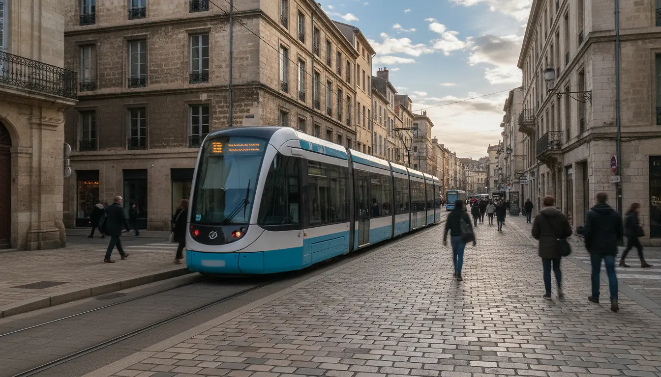 Rame de tramway moderne circulant dans une rue pavée du centre historique de Montpellier, avec façades en pierre et piétons en arrière-plan