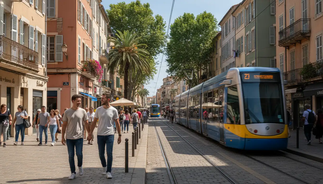 Rue animée dans un quartier populaire de Montpellier, tramway et commerces de proximité