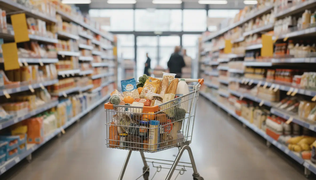 Chariot de courses rempli de produits alimentaires du quotidien dans un supermarché