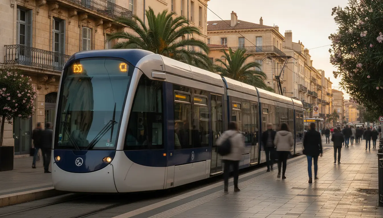 Rame de tramway TaM a l arret en centre-ville de Montpellier au coucher du soleil
