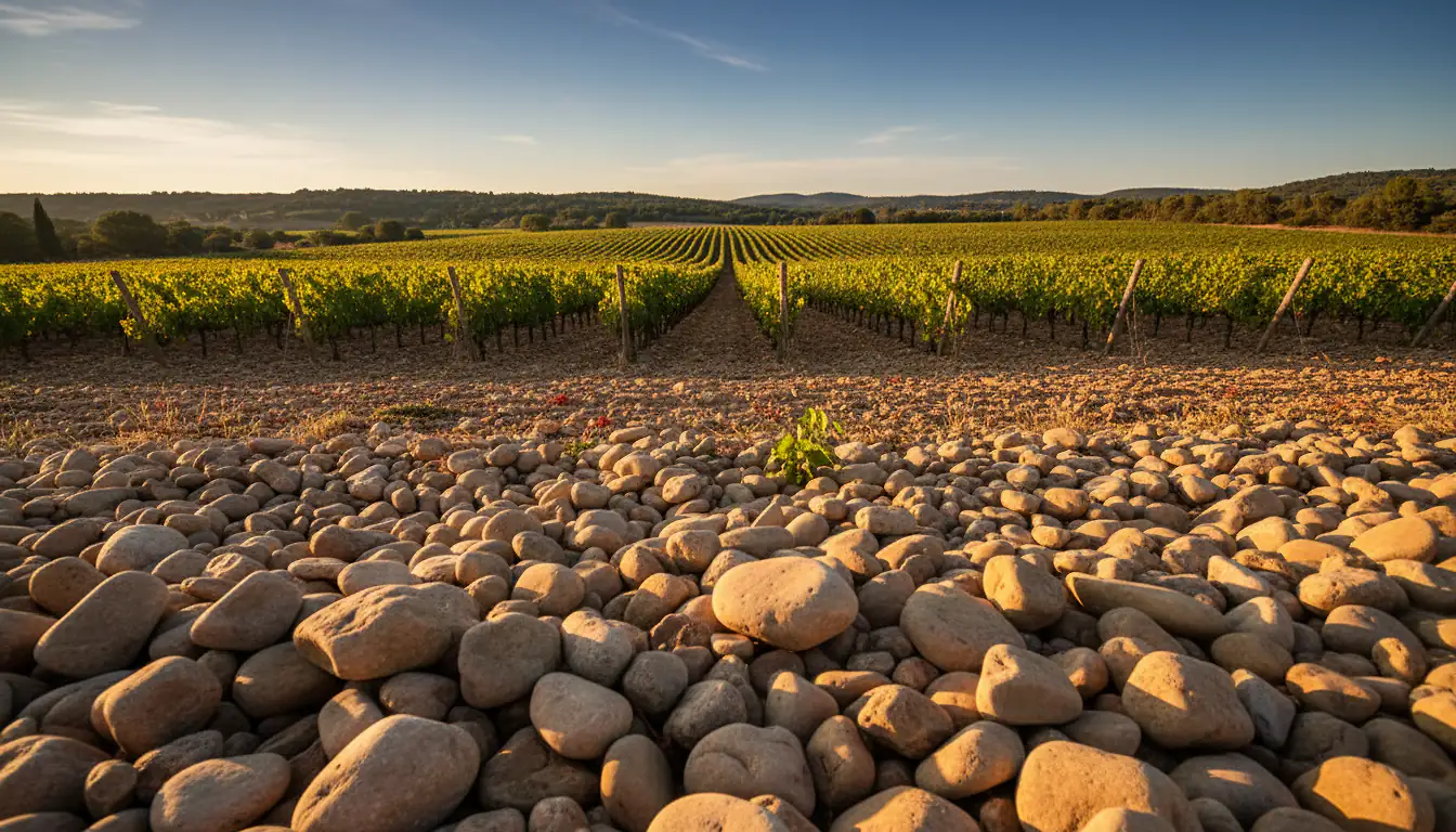 Vignobles de Tavel avec galets roulés dans le Gard, paysage viticole provençal