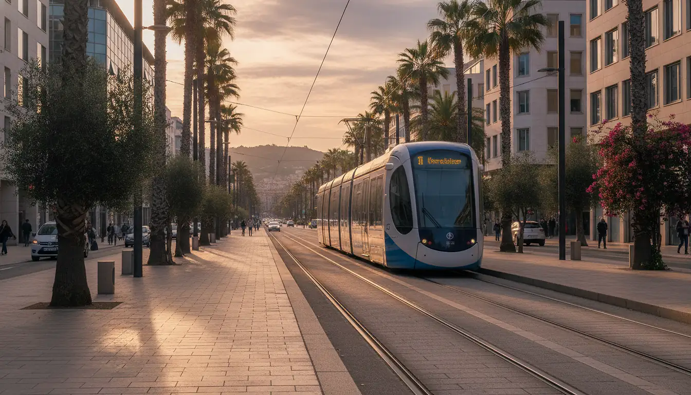 Tramway TAM Montpellier en circulation sur un boulevard de l'agglomération méditerranéenne