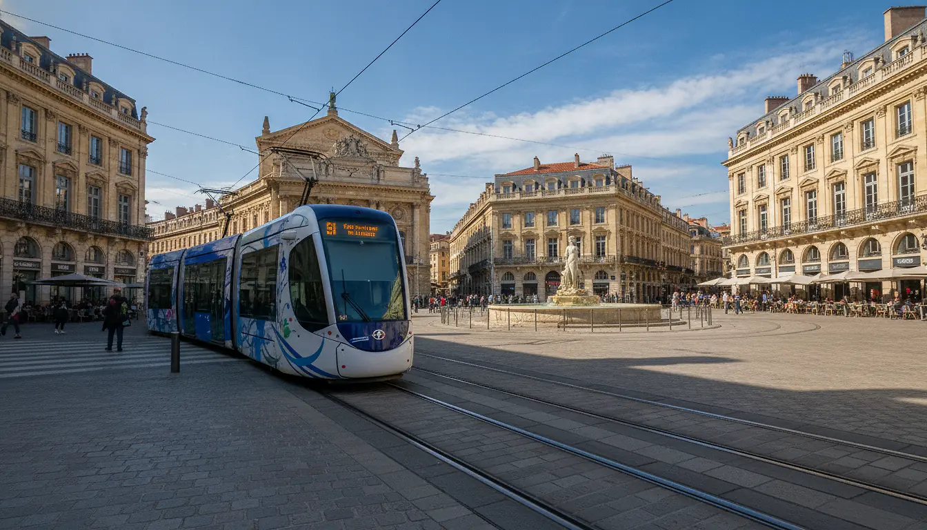 Tram TAM moderne traversant la place de la Comédie à Montpellier, réseau de transport urbain
