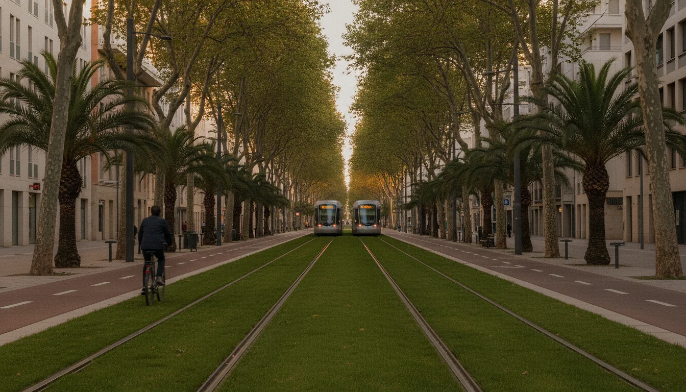 Tramway et vélos en libre-service se croisant dans une rue du centre de Montpellier